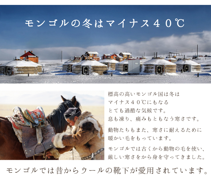 モンゴルの冬はマイナス40℃ 標高の高いモンゴル国は冬はマイナス40℃にもなるとても過酷な気候です。息も凍り、痛みもともなう寒さです。動物たちもまた、寒さに耐えるために暖かい毛をもっています。モンゴルでは古くから動物の毛を使い、厳しい寒さをから身を守ってきました。モンゴルでは昔からウールの靴下が愛用されています。